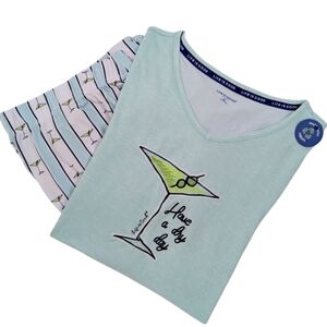 Life Is Good Martini Embroidery & Print PJ Set Short Sleeve Top Pant Teal XL NWT